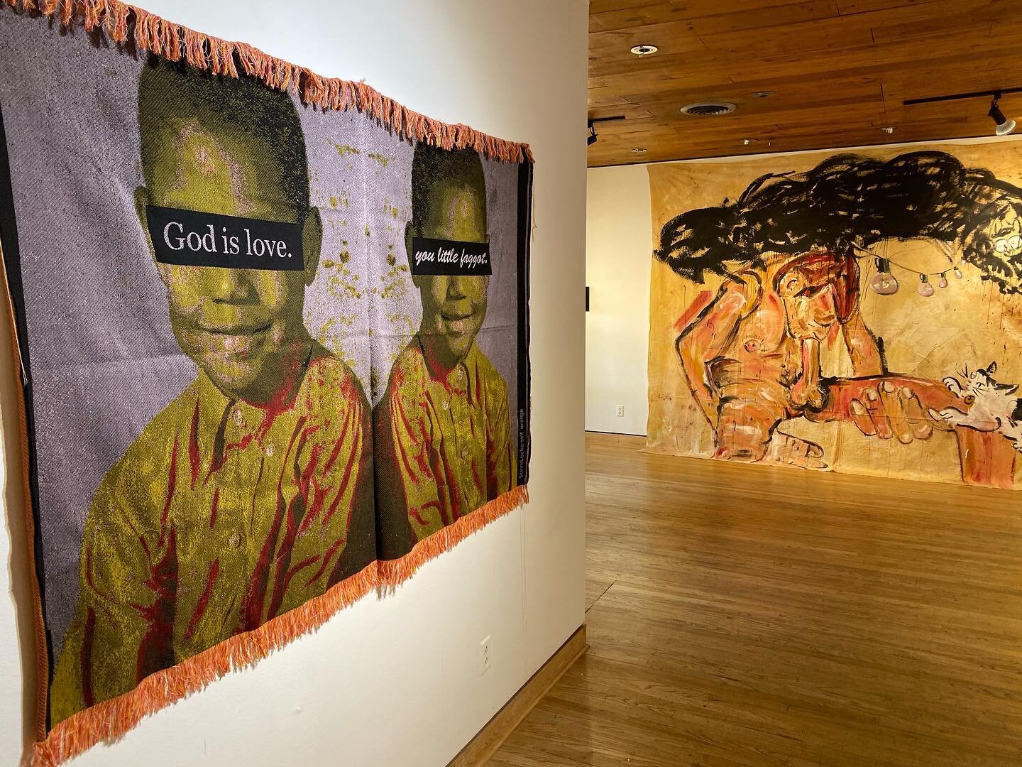  Installation view of  No Trigger Warnings  at Flatland Gallery. Left: Steve Locke, Right: Scooter Laforge 