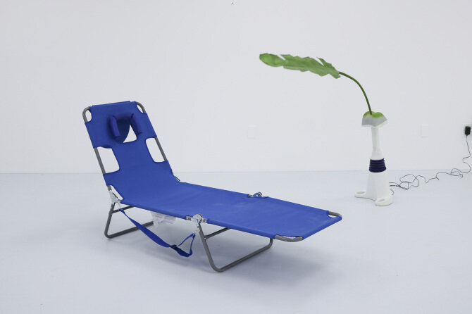   Poolside  chaise lounge chair, Back2Life Continuous Motion Massager, faux banana leaf, SPF, enamel, MDF, 2019 