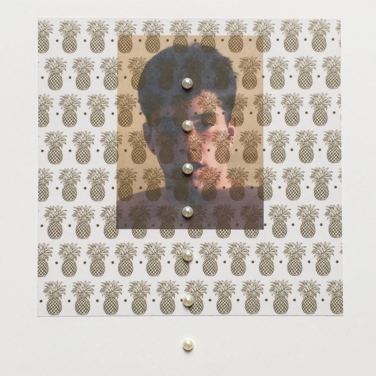   “Bobby Madison” (Welcome)&nbsp;  Appropriated image, printed Mylar &amp; fake pearls on Bristol&nbsp; 2017&nbsp; 