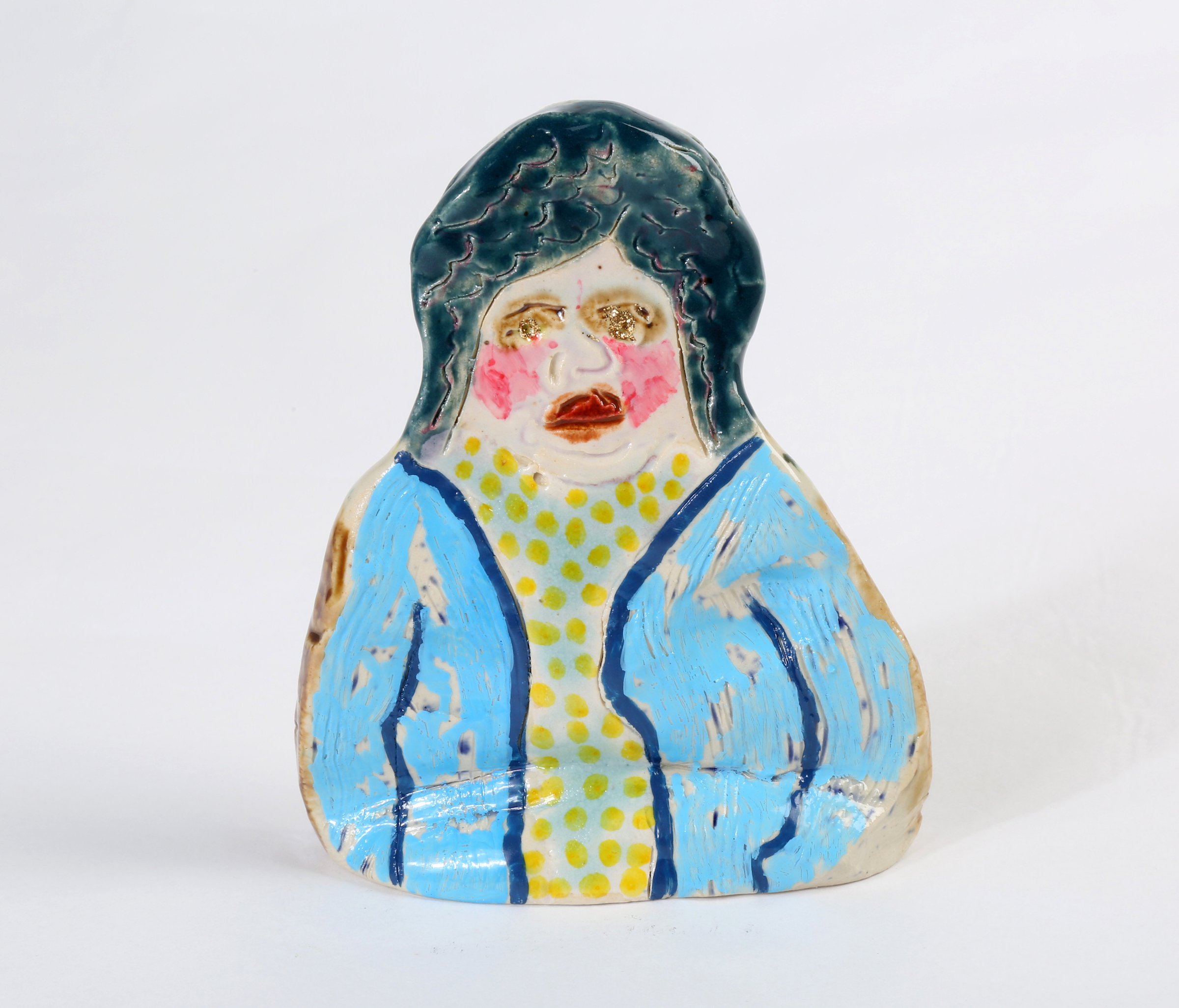 From the  Mombie  series  (Working),  recto  Acrylic, glitter, oil, on glazed stoneware 6” x 4” x 2”, 2021 Photo: Barrett Barrera Projects 