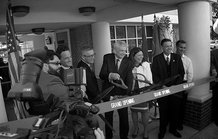 Ribbon cutting. From left: UNO Student Government President David Teagle, Consul General of FranceGrégor Trumel, Dr. Anton Fink, Ambassador Hans Peter Manz, Alea Cot, Peter J. Fos, Steve Striffler.