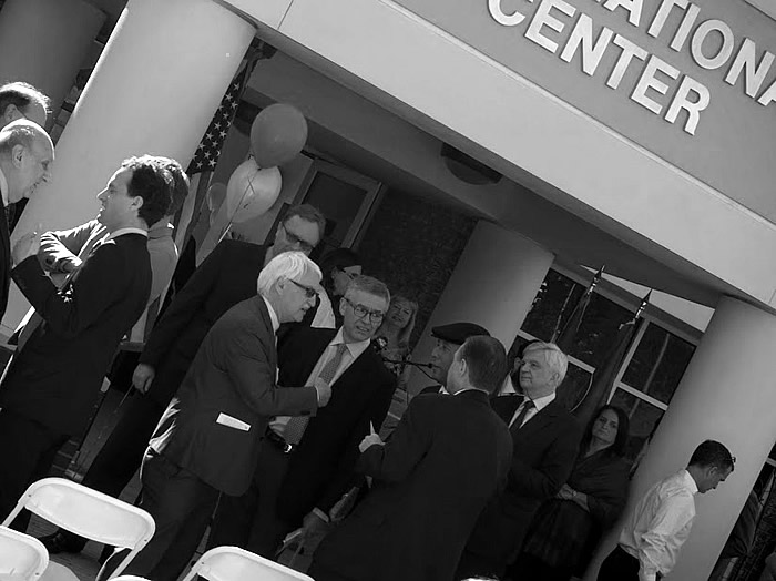 Center Austria director Dr. Guenter Bischof (center-left) in conversation with Dr. Fink, Ambassador Manz and President Fos.