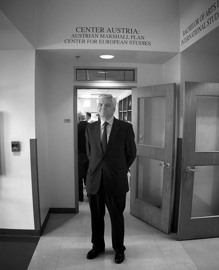 Ambassador Hans Peter Manz in front of the Austrian Marshall Plan Center for European Studies.