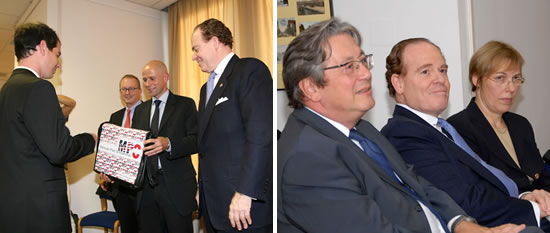 Left: Awardee with Wolfgang Stoiber, Eugen Stark and Ambassador David Franklin Girard-diCarlo. Right: Ferdinand Lacina, Ambassadaor David Franklin Girard-diCarlo, Karin Schmid-Gerlich