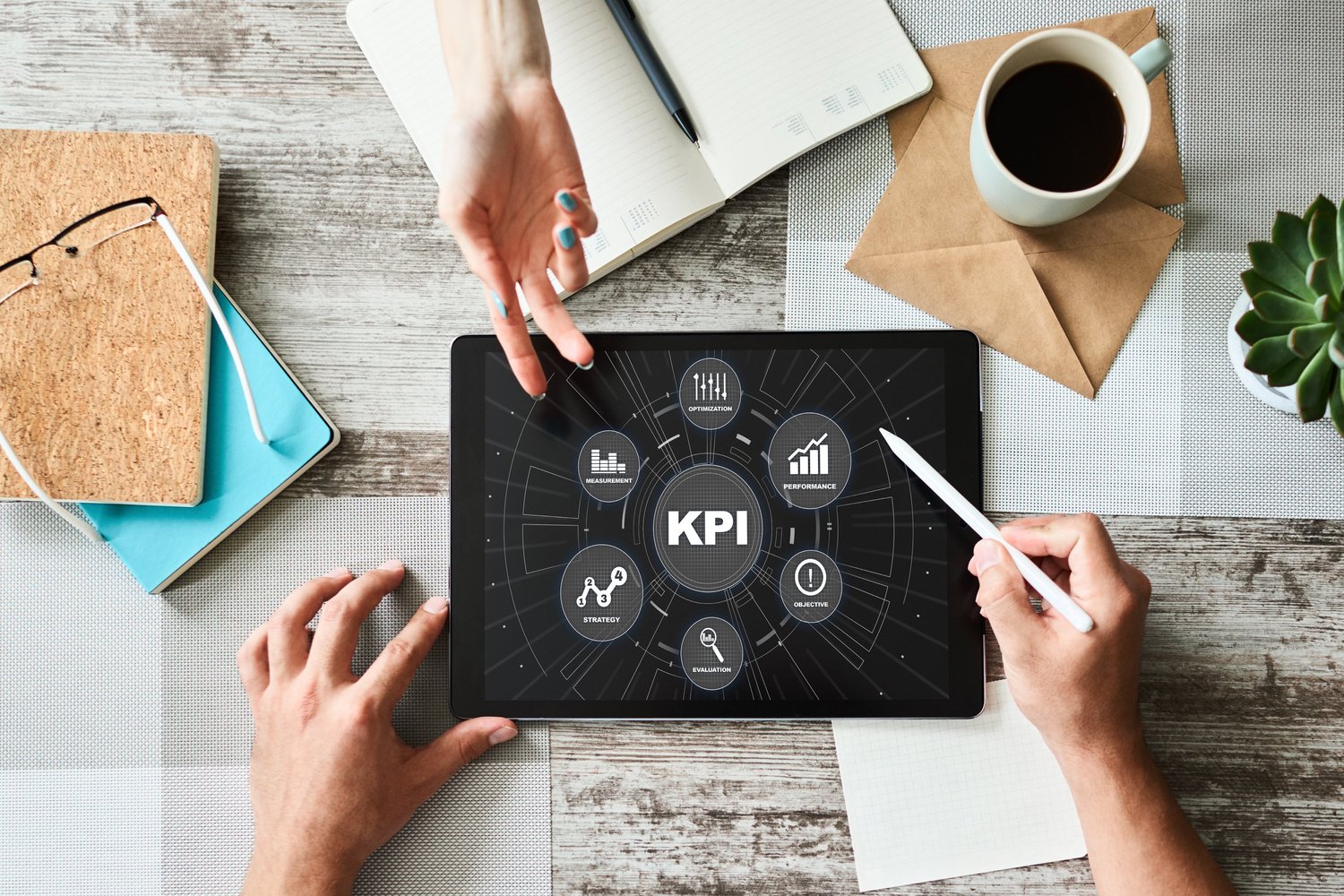 Business performance indicators and charts representing KPIs