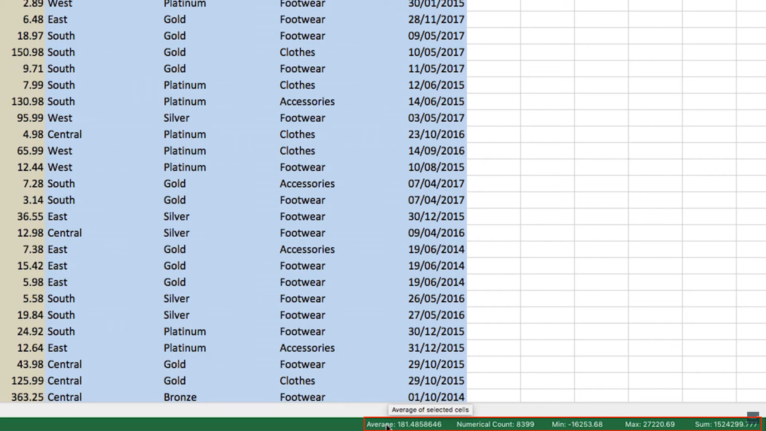 Excel status bar showing sum, average and count for a numeric metric column