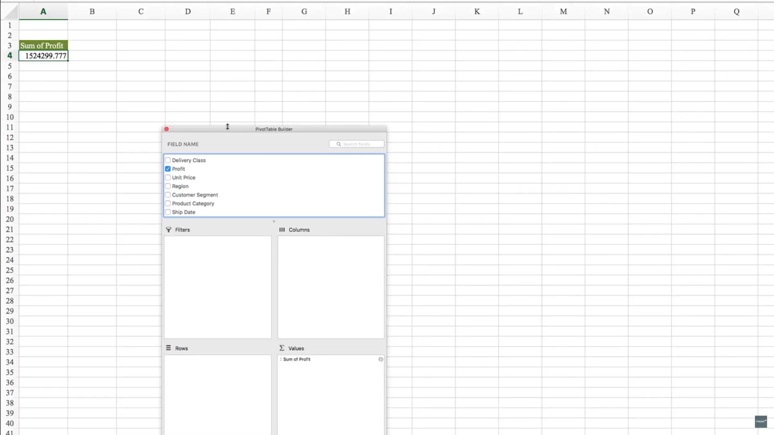 Excel pivot table displaying one total profit value