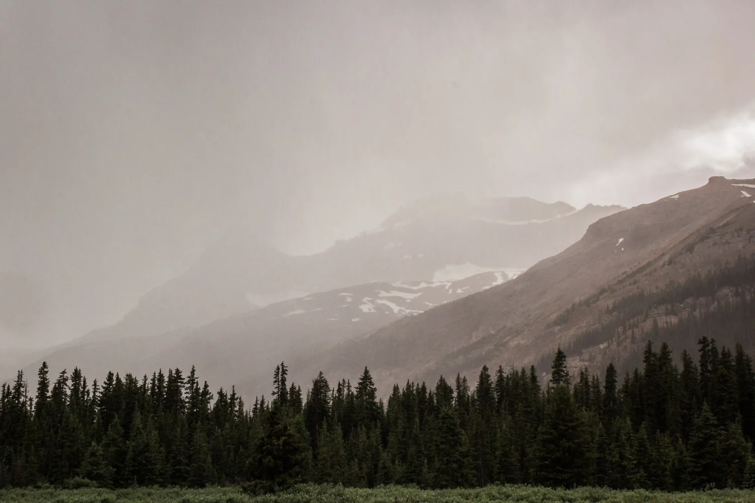 The road rises to near timberline at various points, with the high-elevation weather turning on a dime. In the four hours it took us to drive Icefields Parkway, conditions changed dramatically several times. 