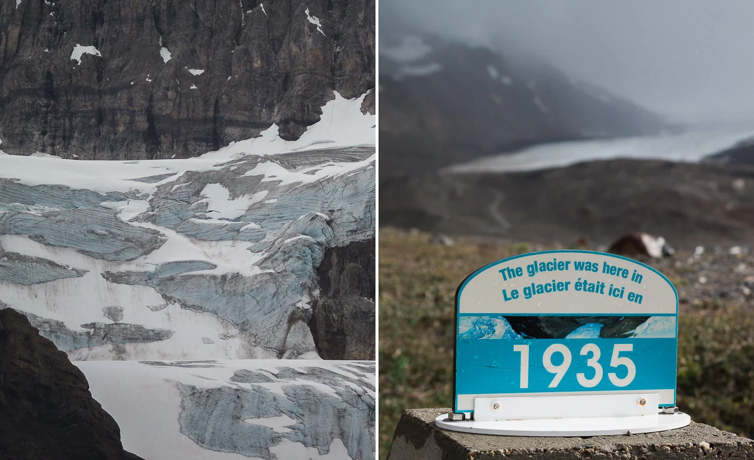 Left: Crowfoot Glacier. Right: An indicator of the dramatic retreat of Athabasca Glacier.