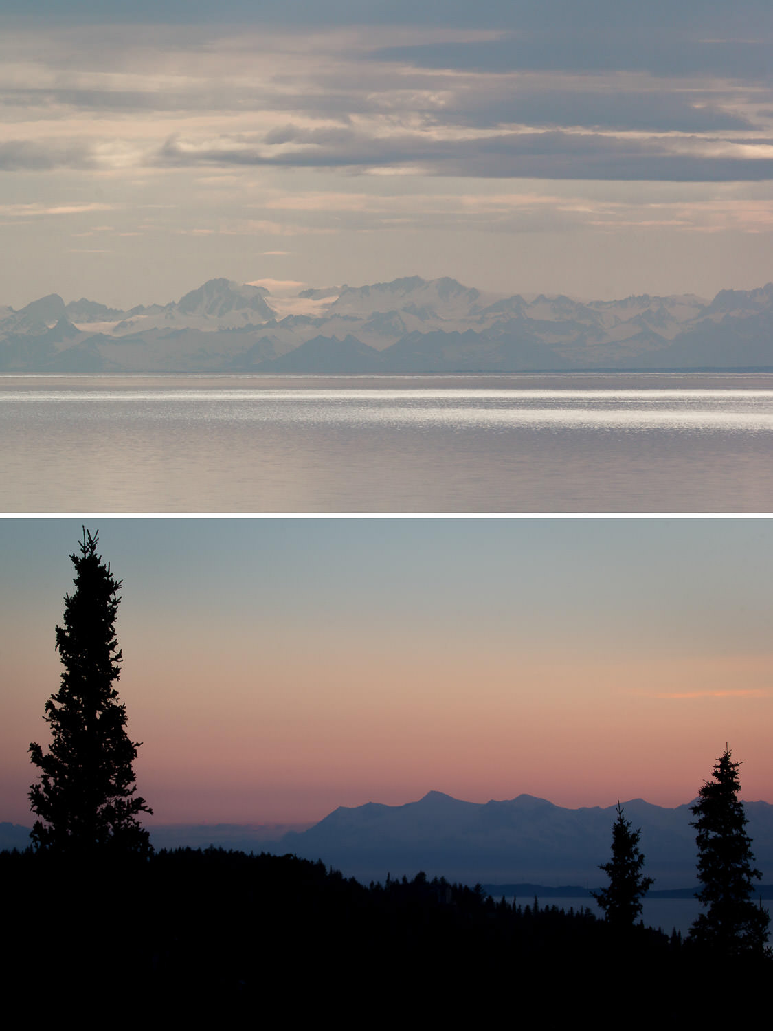 Top: Cook Inlet from the Coastal Trail in downtown Anchorage. Bottom: Cook Inlet from our backyard in Bear Valley. A backyard where a grizzly mom and her two cubs took down a moose two weeks prior to our arrival. Not an especially comforting piece of information to learn from our neighbors the day we moved in. Since then bears have been out of sight, but never altogether out of mind. 