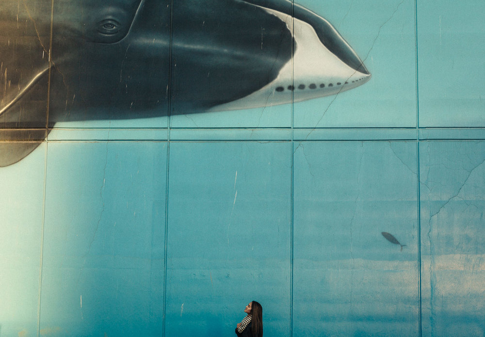 Portrait in Anchorage in front of orca mural