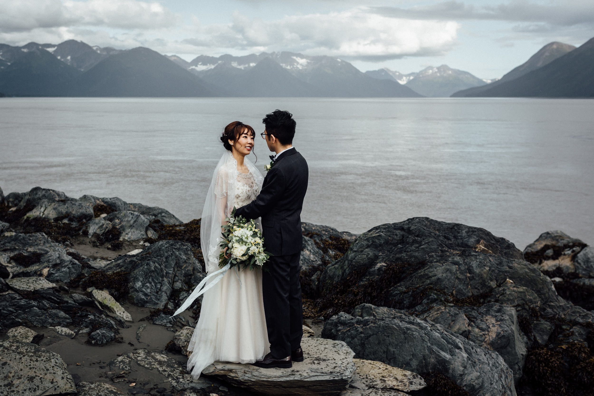 Couple eloping in Alaska in summertime
