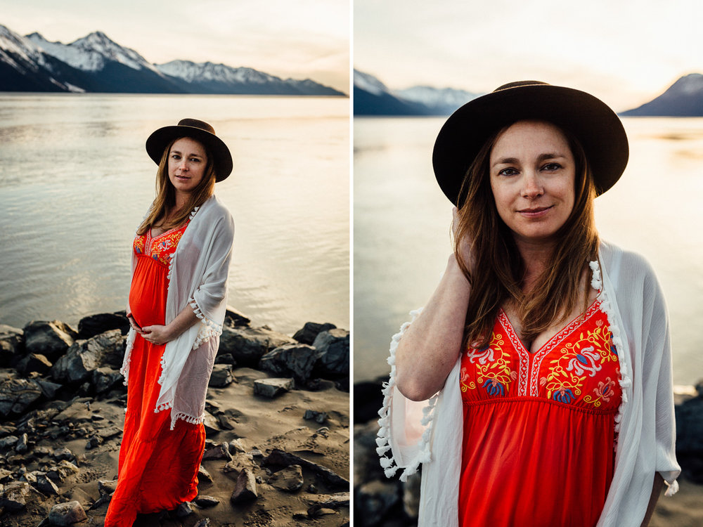 Expectant mother in boho dress and hat