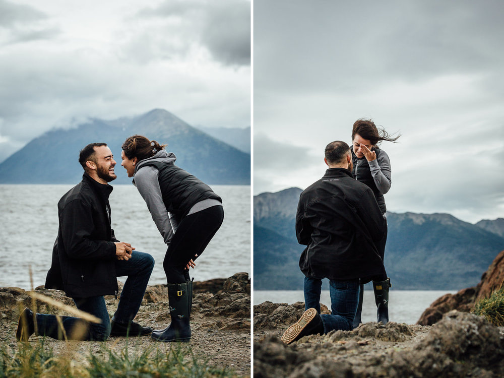 Couple laughing and smiling while getting engaged