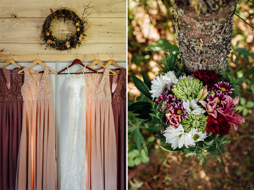 Hanging bridesmaid dresses and bridal bouquet