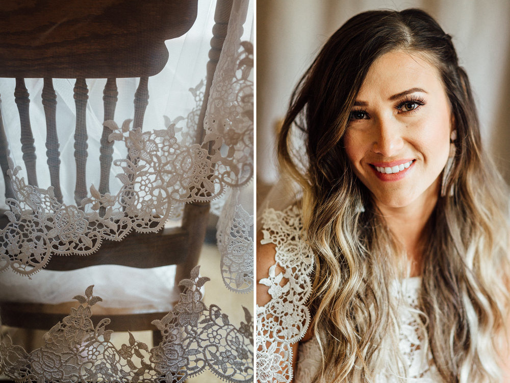 Veil hanging over chair and smiling bride