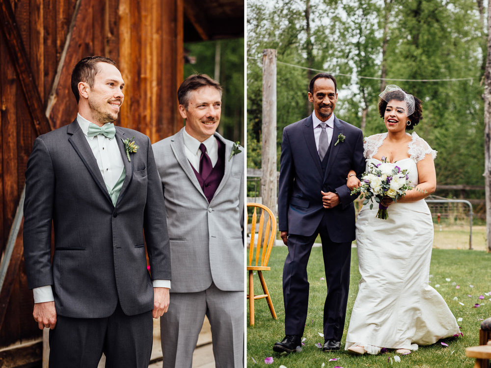 Groom looking at bride as she walks down the aisle with her father