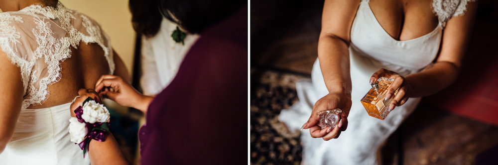 Bride getting buttoned up and putting on perfume