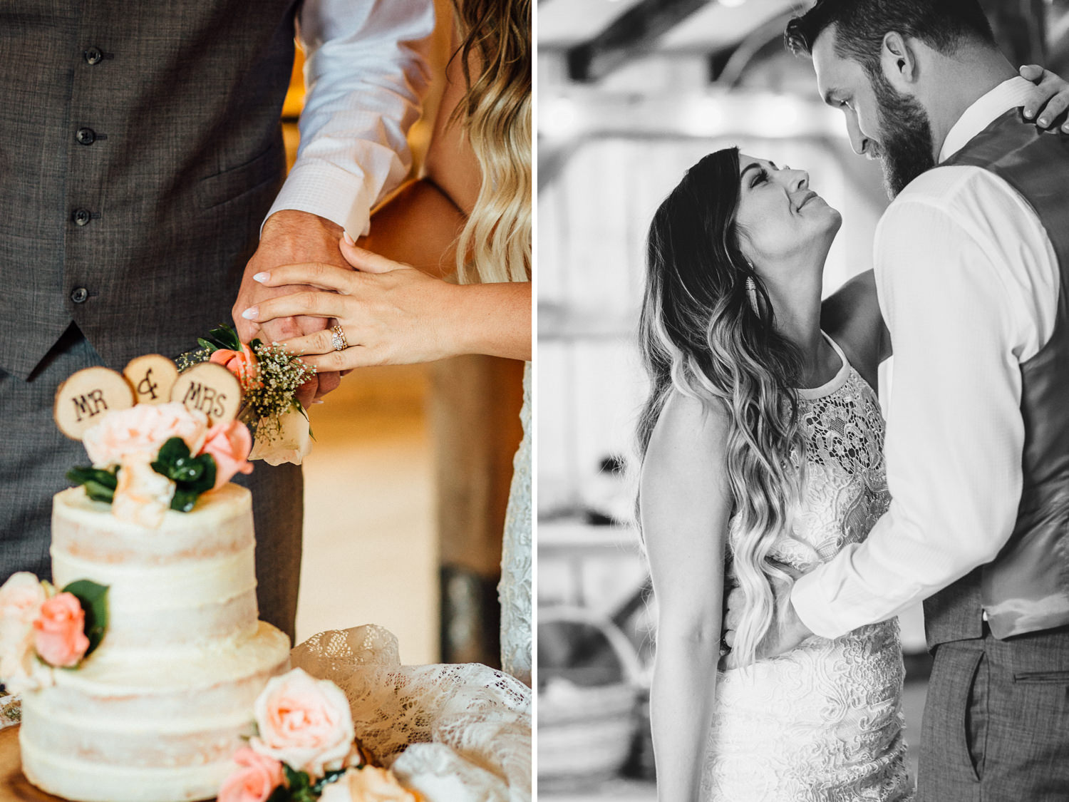 Couple cutting wedding cake and dancing