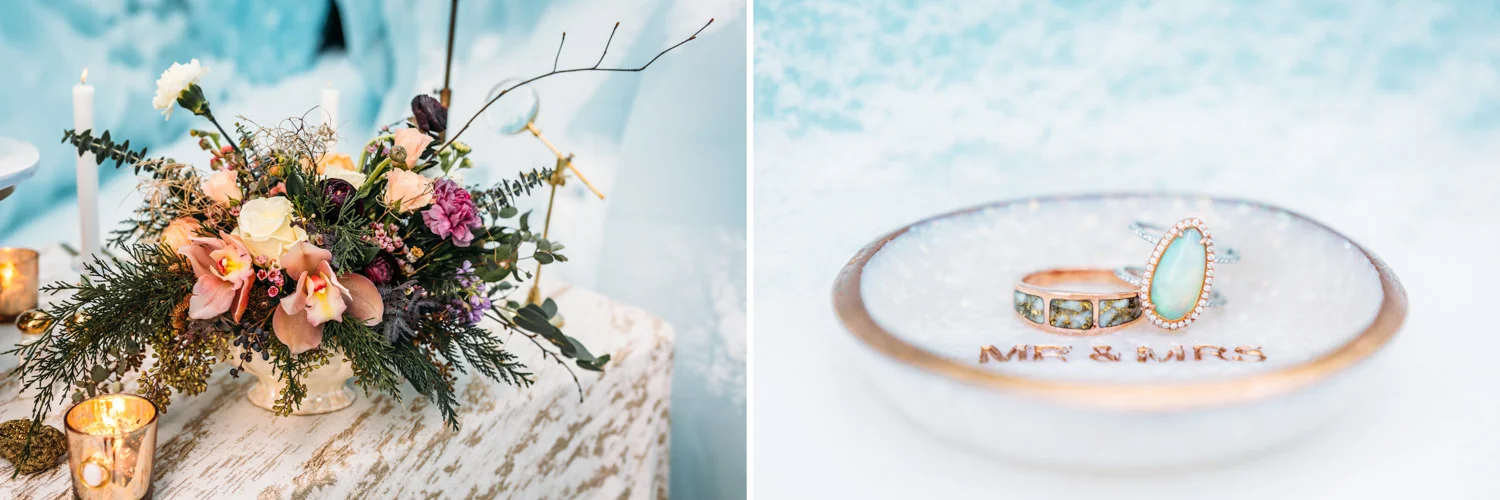 Floral centerpiece and wedding rings in dish