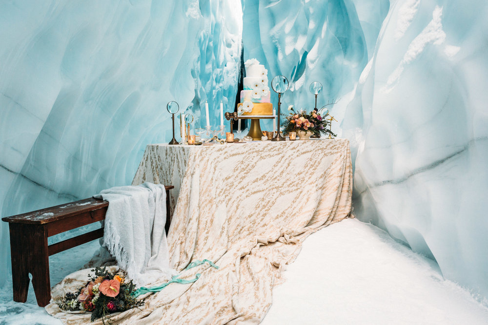 Styled shoot in Alaskan glacier cave