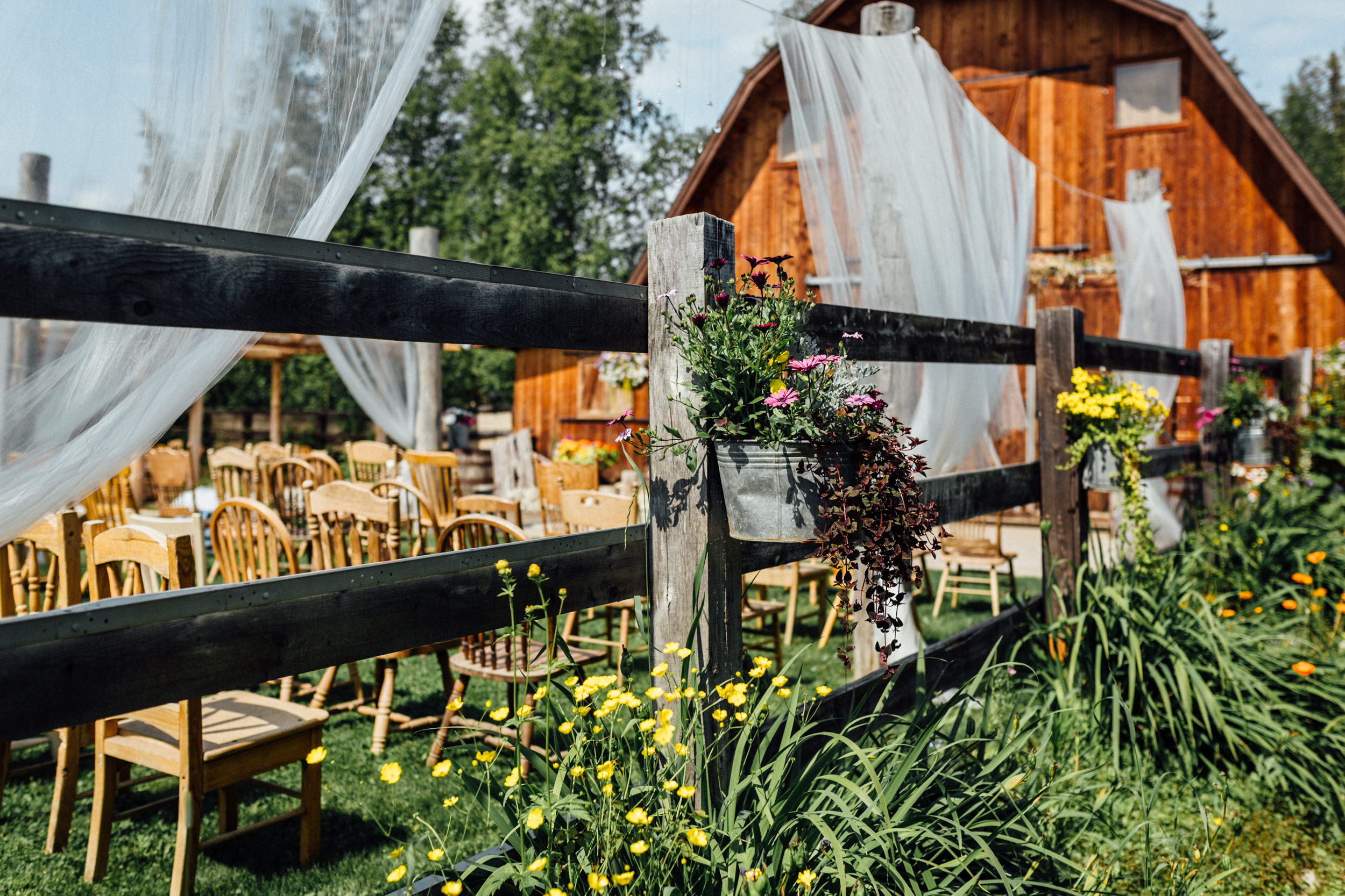 Flowers in front of barn