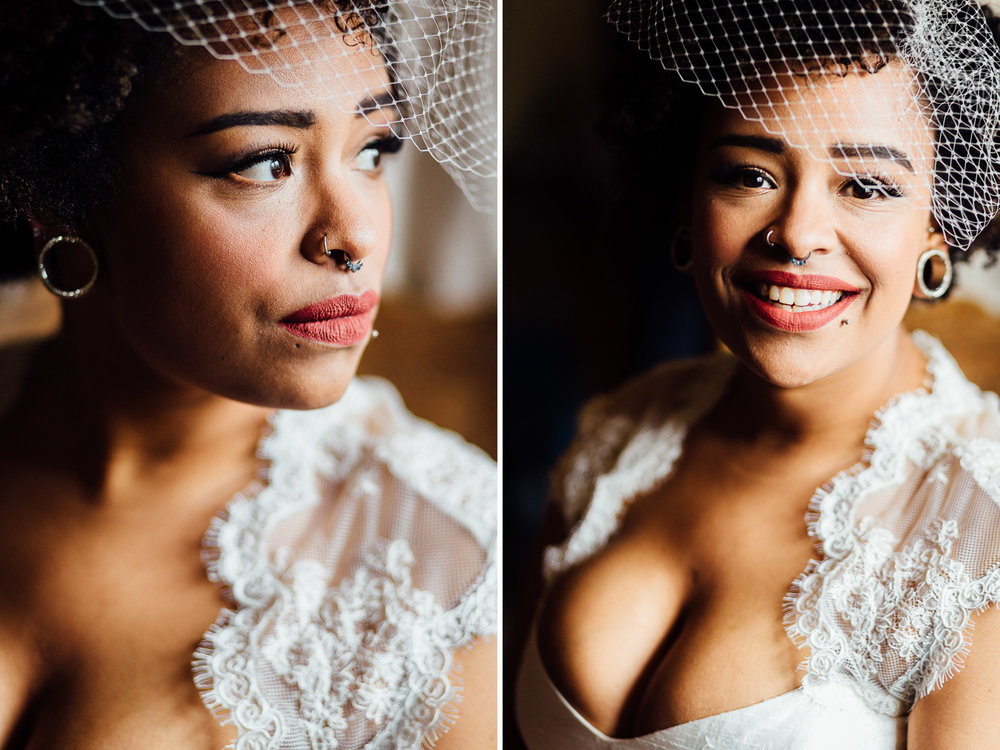 Portrait of bride wearing birdcage veil