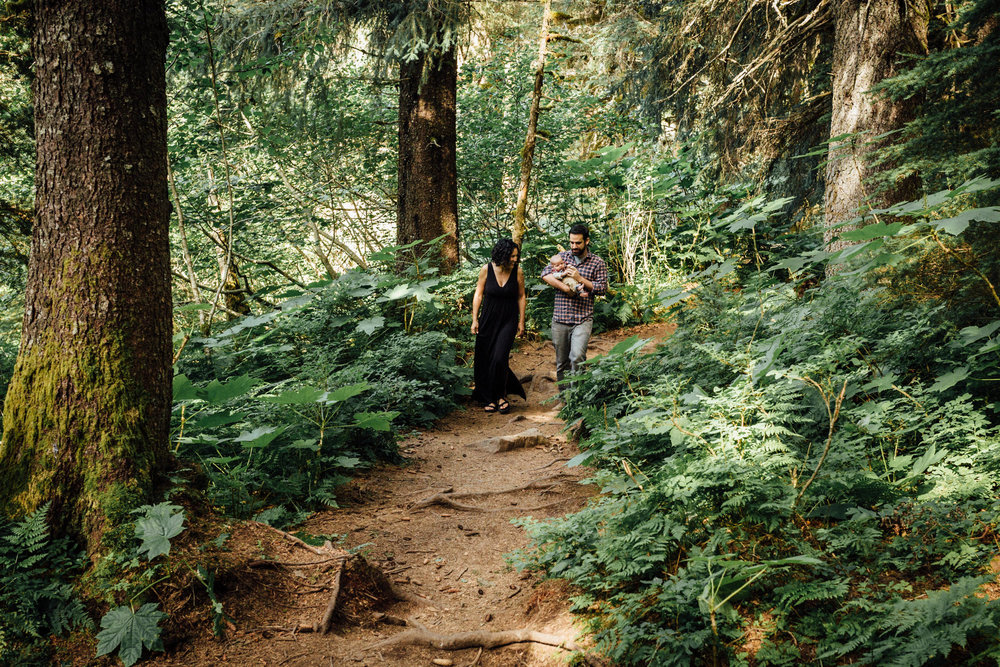 Family hike at Virgin Creek Falls in Alaska