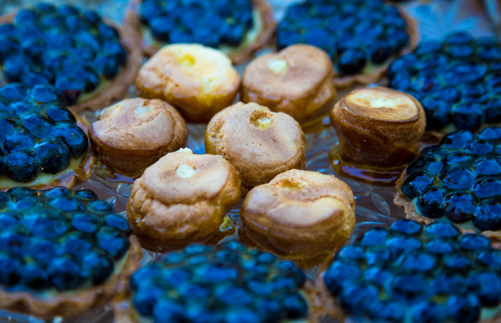 Caramel Glazed Pates Aux Choux with Tahitian Vanilla Pastry Cream, and Organic Blueberry Tartelettes