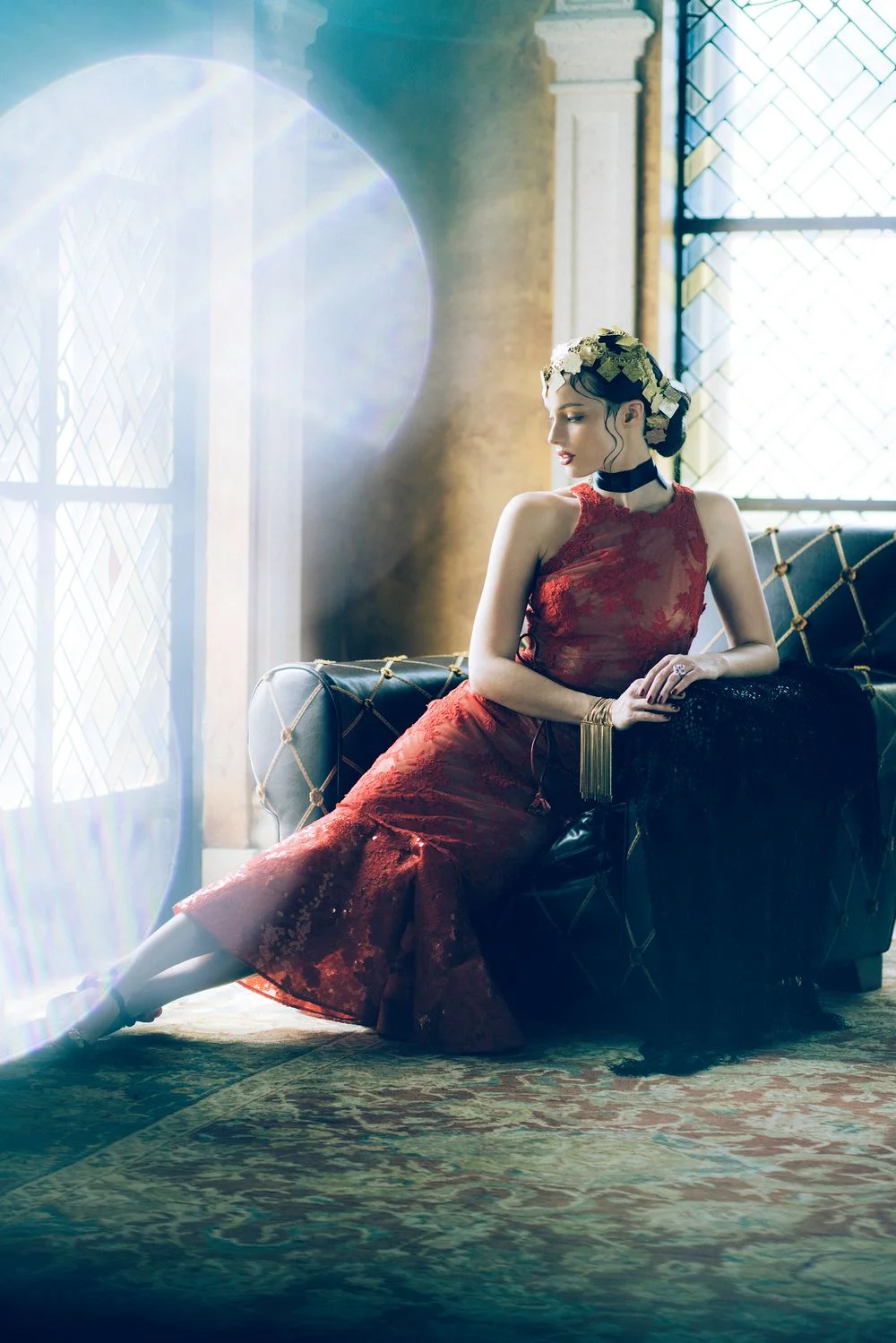 Model, Briley Hale, wearing a dress by Silvia Tcherassi, in the sumptuous private lounge on the top floor overlooking Ocean Drive. 