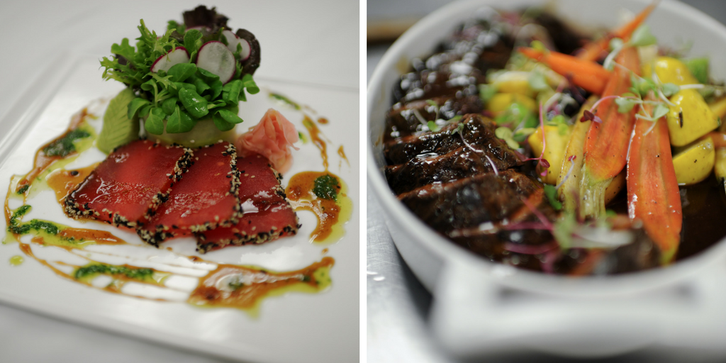 Some popular Shabbat Dinner menu options: Watermelon Tataki Salad Crusted with Sesame seeds and a bouquet of field greens in a Plantain Ring, & Sous Vide Braised Short Rib with Fig Demi-glaze and Roasted Winter Vegetables.
