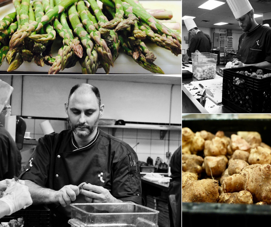 Bottom left: Executive sous-chef, Michael Finizia, prepping ingredients for one of the main course options: Vodka Sea Bass Brûlée, Candied Kumquats, Sunchoke Purée & grilled Asparagus.
