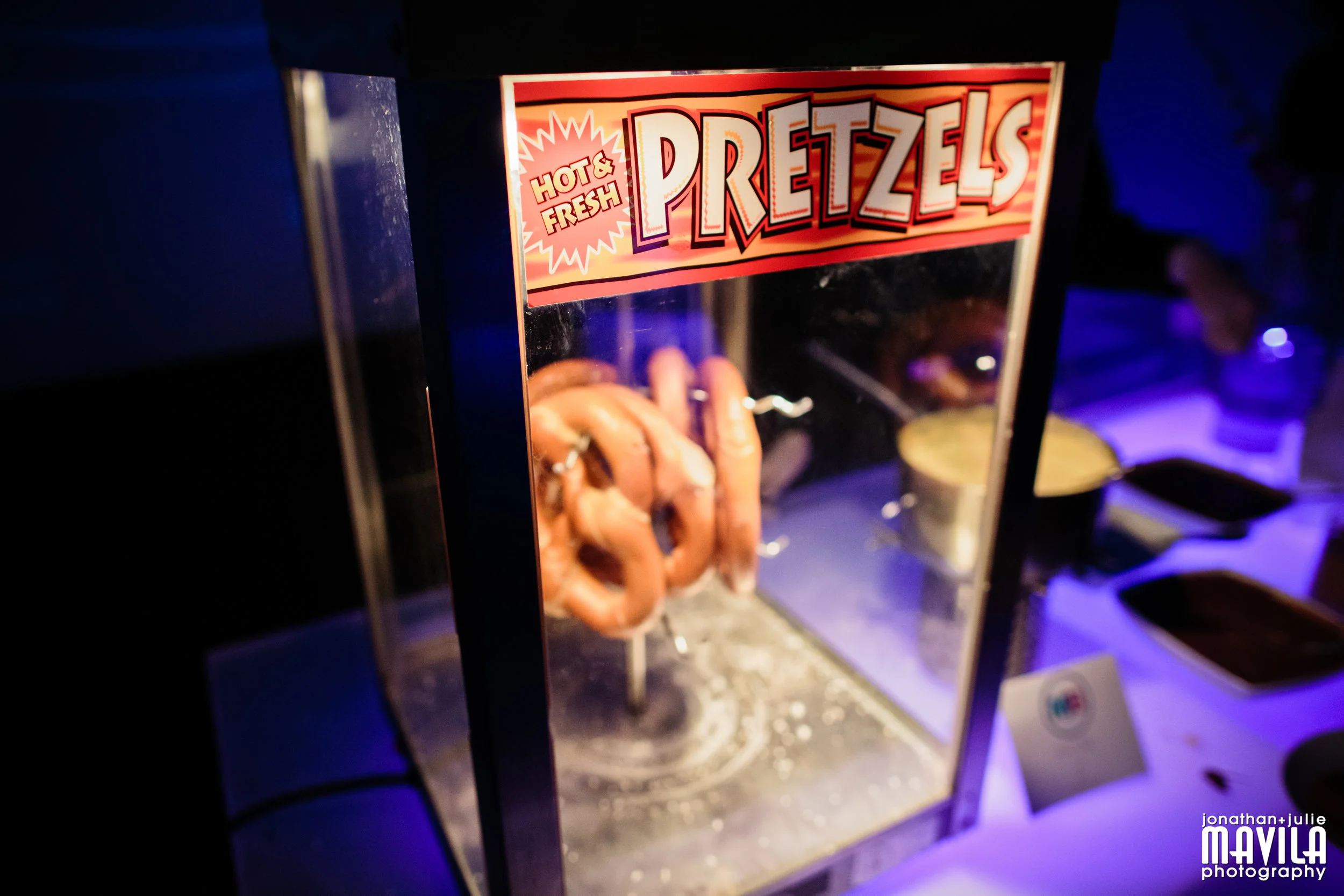 Pretzel Bar: Salted, Plain & Cinnamon Sugar, served with a variety of sweet or savory dipping sauces.
