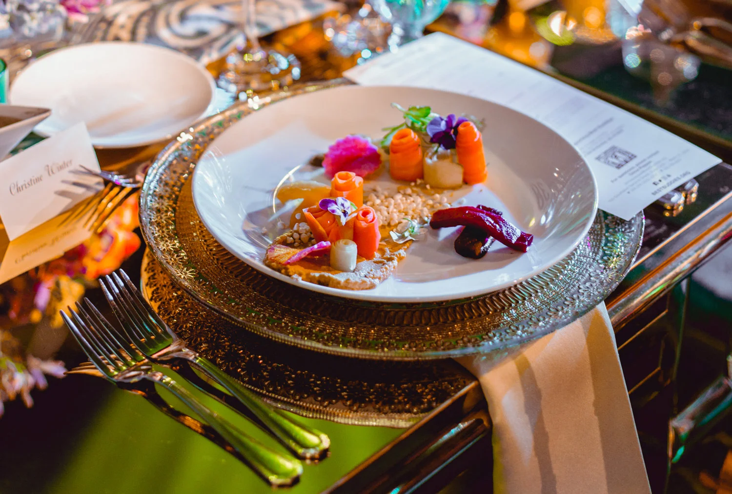 Appetizer Salad served at the 21st Annual Best Buddies Gala "Expansion In India:" Cucumber Yogurt Salad, Pickled Beet, Preserved Mango, Eggplant Spread, Crystal Mint Crumb, Cucumber, Red & Golden Beets. (A modern dish with Indian flavors.) Scroll down for more photos from this stunning gala celebrating the organization's expansion into India. (Photo: Olga Milijko)