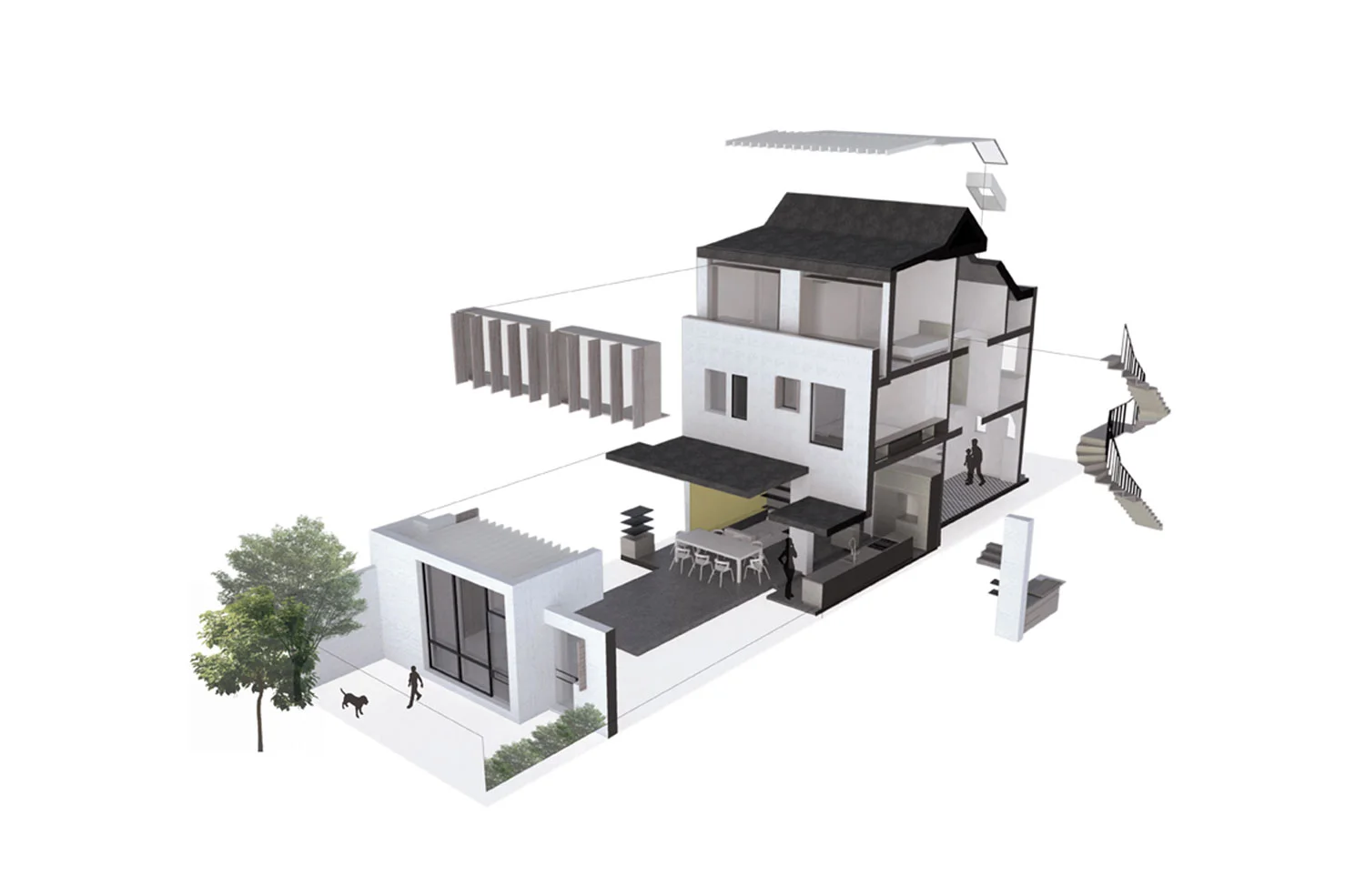 Our clients live in a 1930s house in Balham with their two young sons. One half of the couple had been raised in a modernist house in Belgium, surrounded by a collection of 20th Century Art while the other grew up in a mountainous region of Switzerland. Their sensibilities led them to give Liddicoat & Goldhill an open brief to adapt and expand their home, which had already been ‘opened up’ at ground floor level by previous architects. Liddicoat & Goldhill’s response addressed the entire house, and was based on analysis of the family’s living patterns, and by making only the most economical structural changes. The interior layout was fully remodelled, with the most invasive and dramatic work happening at ground floor level and in the cramped circulation space, where an efficient and sinuous new staircase was added. Selective re-instatement of previously-demolished walls reinstated the formal drawing room, facing the street, while a stepped extension to the rear created an open plan eating, cooking and informal relaxation area. The first floor was re-arranged to create a guest room, study and luxurious master suite with a meandering route from the sleeping area into the dressing and bathroom spaces. By extending at roof level, we created two new children bedrooms suites. These were designed to overlap the different functions of sleeping, entertaining and studying. The rooms have large structural glazed windows with integrated desks affording panoramic views across SW London. Aesthetically, the project has been conceived as a collage; a deliberate response to the vogue for monochromatic interiors. A rich mix of strongly-contrasting colours and textures creates a warmly tactile environment. In the kitchen, rough painted brickwork meets crisp plasterwork, black glass, stainless steel and strongly-grained wood. These provide the backdrop to carefully-chosen pieces of contemporary and mid-century Danish furniture, set against heated polished concrete floors. Key to the design was the combination of the clients’ existing furniture and art with new purchases and pieces designed specially for the project. Liddicoat & Goldhill design and make furniture and objects - certain pieces were created specifically for the Janssens-Kobler house; the architects worked with specialists to fabricate these items. Particular noteworthy elements include the laser-cut timber ‘Corral’ lamp hanging over the dining table is designed and made by Liddicoat & Goldhill. Photos by Jefferson Smith