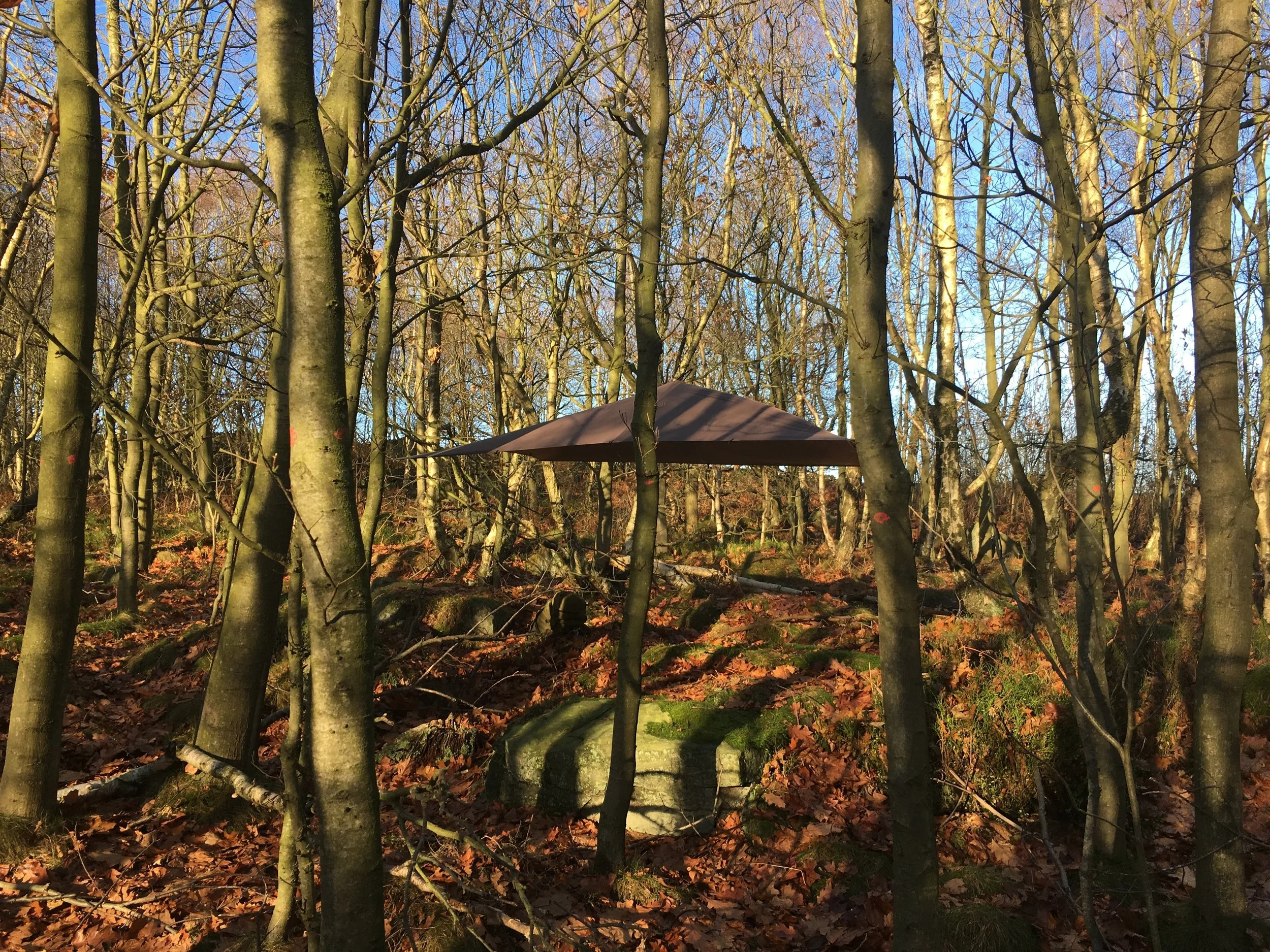 On an Autumn day we'd stopped for lunch under beautiful blue skies and warm sunshine, it had been raining in the morning and continued to rain 10 minutes after I took this photo. We didn't mind though, we had our trusty tarp along for the trip...