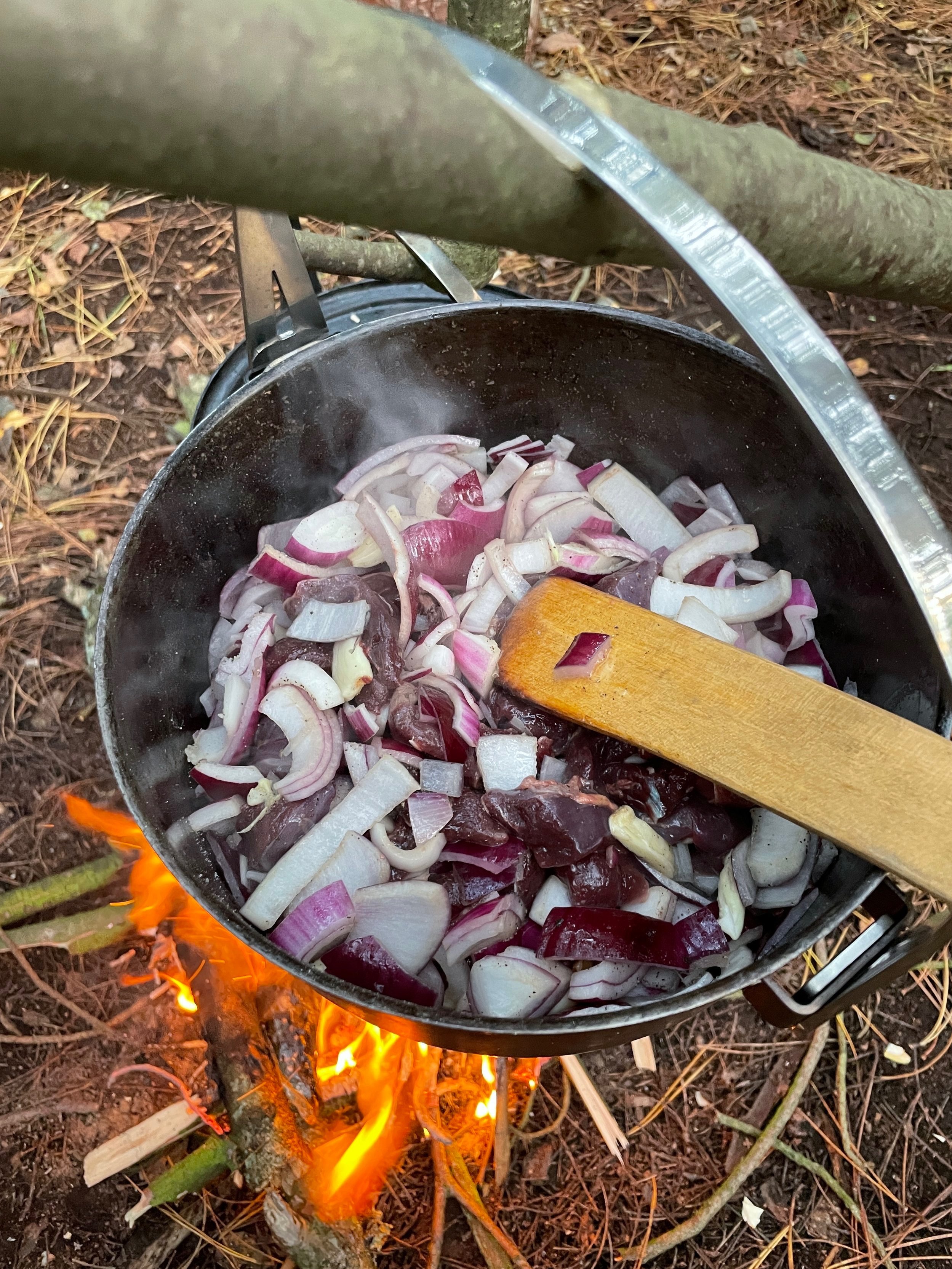  Fry the onion, garlic and pigeon in a little butter to soften the onions and add a little colour to the pigeon. Here we want a fairly high heat, so having a few handfuls of thumb thick sticks handy to feed the fire during cooking is helpful. 