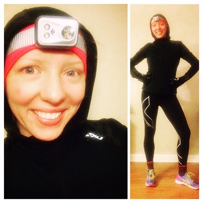 Multi-sport jacket, 2XU Thermal Tights, wool socks, and headlamp. Yep this is my running regular!