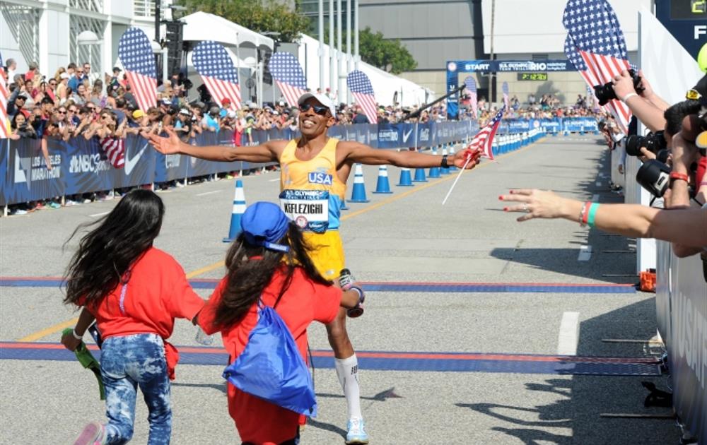 Meb at the Olympic Trials finish line. Photo Credit: rio2016.com