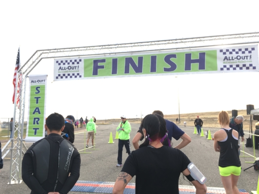 The girl in the yellow shorts was the first female finisher!
