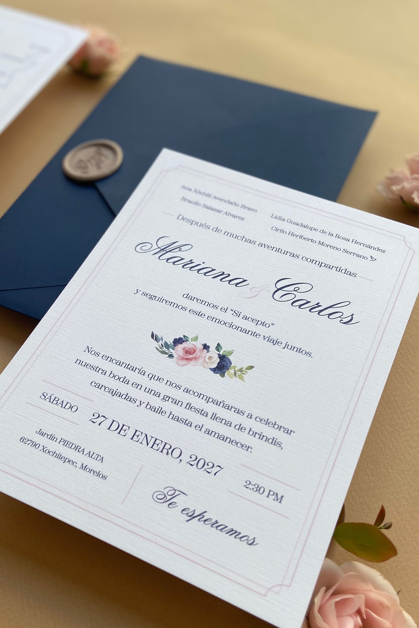 Pink and Navy Romantic Wedding Invitation