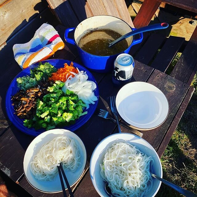 Lamb Pho😃 Great way to use up any extras you have in the fridge!  Braised lamb made crunchy in frying pan with sesame seeds and orange zest, plus homemade lamb stock and all the fixins too.  Yum!