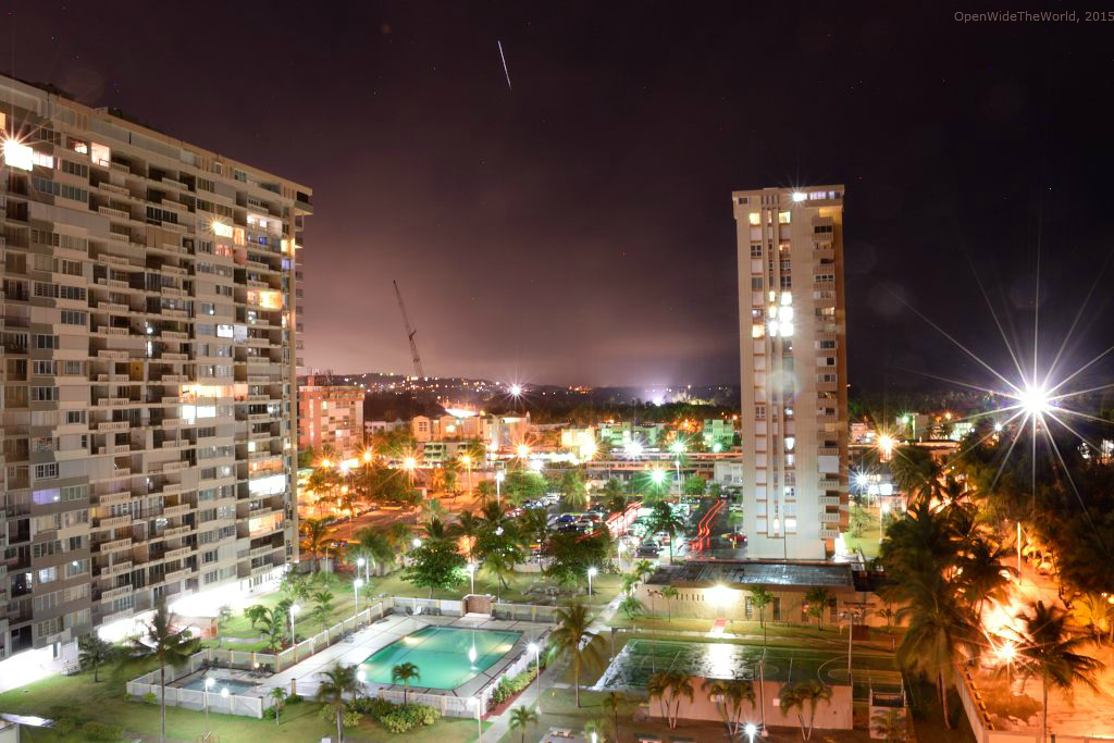 With more of a neighborhood feel than a tourist city vibe, Luquillo is a relaxing home base to return to at the end of a day of sight-seeing or beach going. Shown here: nighttime at The Towers at Playa Azul, Luquillo, Puerto Rico