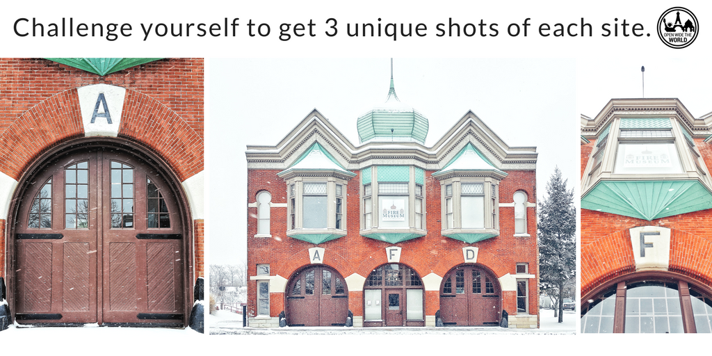 Even in adverse weather conditions (like snow and windchills of -5F), we take the time to photograph a site from several angles; often the full view, a close up on an interesting element, and looking up, as seen in this series of the Aurora Regional Fire Museum in Aurora, IL.