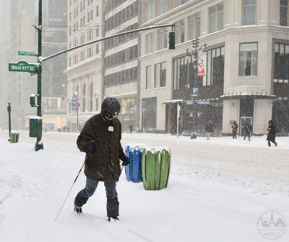 When a winter storm shuts down NYC, you might spot a local cross-country skiing down Fifth Avenue in Midtown Manhattan, like we did, just outside the Andaz Hotel.