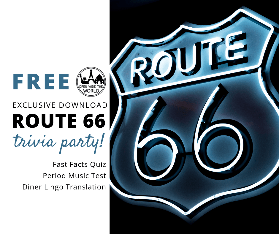 Route 66 facts and trivia. This FREE download is perfect for a Route 66 themed party! Five pages of Rt 66 trivia, music matching, and diner lingo translations, all honoring America’s Mother Road! #route66 #openwidetheworld