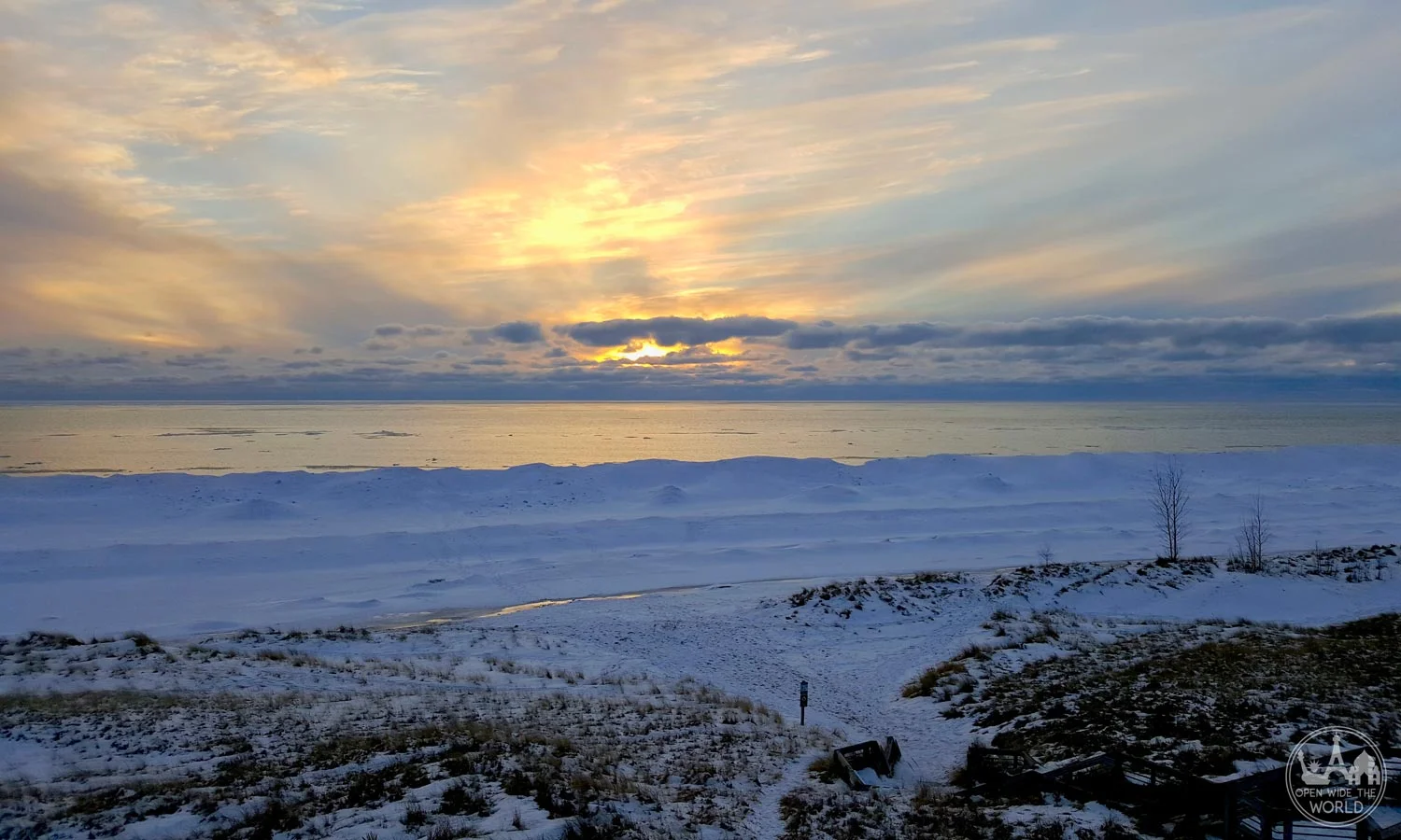 Sunset at Muskegon State Park, along Muskegon Winter Sports Complex’s Lake Michigan Loop snowshoe trail. #wintersunset #openwidetheworld