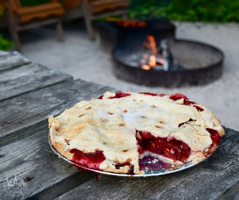 Scharter’s, Door Coutny, Wisconsin. We love camping in Door County, Wisconsin. And we love Door County cherry pie. Find out what happened one summer when we took Door County’s best cherry pies to our favorite Door County campground! #doorcounty #cherrypie #openwidetheworld
