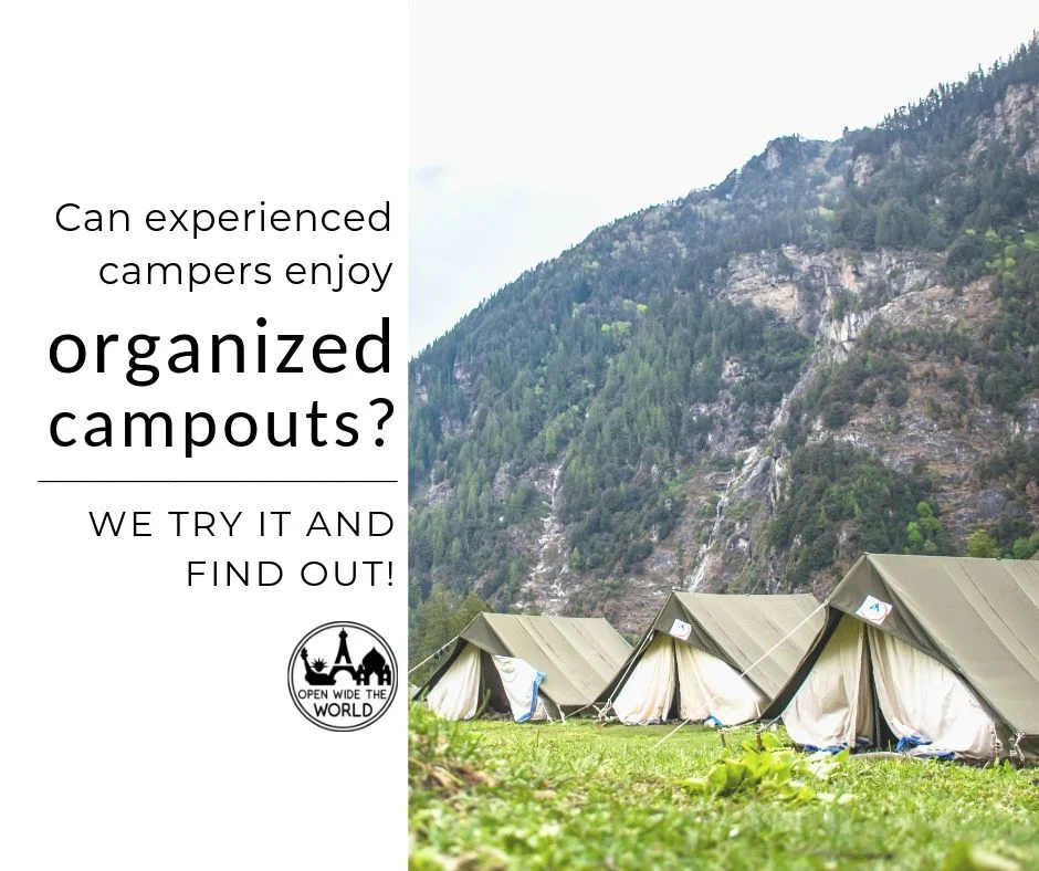 Can experienced, lifelong camping families enjoy a structured, organized, family campout event? We set out on a 24-hour organized, community camping experience to find out! #camping #campingwithkids #openwidetheworld