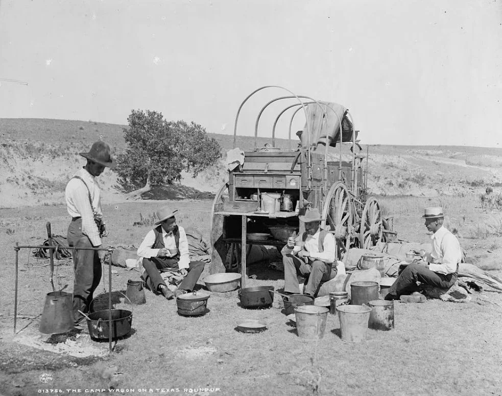 A chuckwagon on a Texas round-up. U.S. Library of Congress, photographer unable to be found at this time.